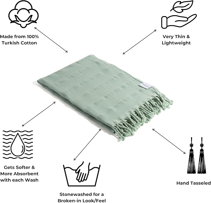 InfuseZen Stonewashed Turkish Cotton Bath and Beach Towel - Light Green | 100% Organic, Thin, Soft, Lightweight, Absorbent, Quick-Drying, Large Peshtemal, Sand-Resistant for Shower, Pool, Spa, Travel