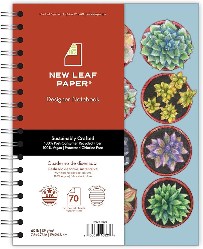 New Leaf Paper Small Spiral Bound Designer Notebooks, Bulk Pack of 12, Succulents Design, 9.75" x 7.5" 70 Sheets, 100% Recycled College Ruled Pages, Vegan, Made in USA