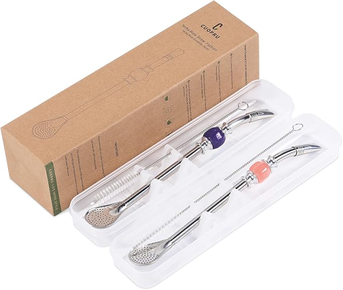 CUOPRU Yerba Mate Bombillas Set - Included Mate Gourd Stainless Steel Straws with Straw Case, Removable Head Filter, Colorful Bead, Cleaning Brush (Purple and Pink)