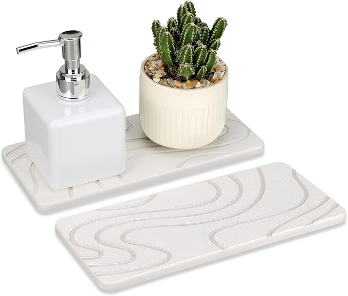 2 Pcs Water Absorbing Stone Tray for Sink Diatomaceous Earth Dish Drying Mat for Kitchen Counter Soap Dish White Diatomite Bathroom Sink Vanity Trays Absorbent Coasters Bathroom Decor and Accessories