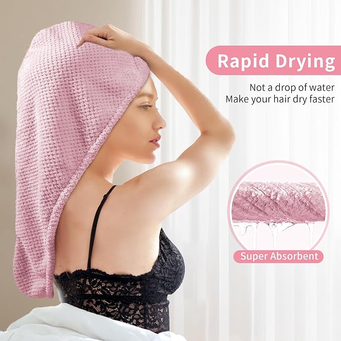my novel things 3 Pack Hair Towel Wrap for Women, 25.4" x 9.8" Microfiber Towels, Super Absorbent Quick Dry with Button for Curly Hair Anti Frizz (Pink,White,Purple) Gift for Women Girls