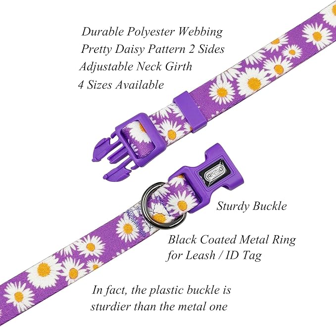 Dog Collar and Leash Set, Cute Daisy Pattern, Polyester Material, 5ft Leash, for Small Dogs.(Small,Purple Daisy)
