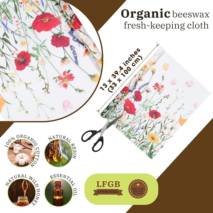3 Rolls Reusable Beeswax Wraps for Food 13 x 40 Inches Bees Wax Wraps Reusable Food Storage Wrap Beeswax Paper Roll for Bread Sandwich Cheese Fruit Snacks(Spring)