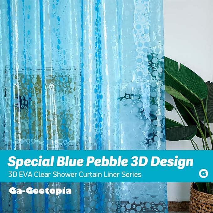 Ga-Geetopia EVA Blue Thin Shower Curtain Liner, Pebble Pattern 72x72 Inch Lightweight Plastic Bathroom Shower Showroom Inner Curtain with Rustproof Metal Grommets and Weighted Magnets(No Hooks)