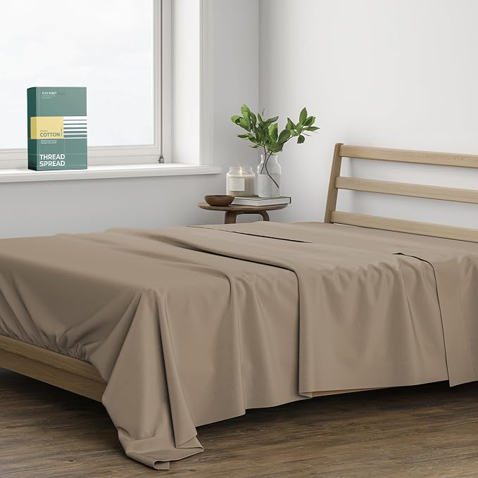 THREAD SPREAD 100% Organic Cotton Percale Flat Sheet California King Size - 1 PC Flat Sheet, Taupe - Crisp, Cool and Strong Bed Linen, Top Sheets for Hot Sleepers, Luxury Breathable GOTS Certified