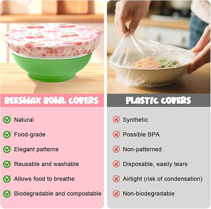 2-Pack Reusable Beeswax Bowl Covers with Pink Bow & Fruit Pattern, 10/12 Inch Elastic Cotton Food Storage Covers for Bread Proofing, Sourdough Dough & Kitchen Containers