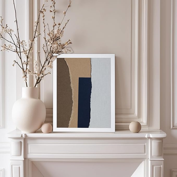 Monem Art Torn Paper Neutral Collage Print - Minimalist Scandinavian Abstract Poster - Wall Decor for Living Room, Bedroom or Office - 12x16 White Framed Wall Art by Mareike Bohmer