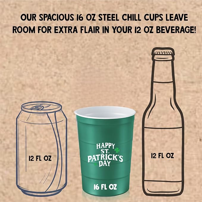 Steel Chill Cups 16 oz. Party Cups 'St. Patrick's Day' Clover Design for Cold Drinks, Durable, Disposable, Recyclable, Made in USA, Green, 12 Count
