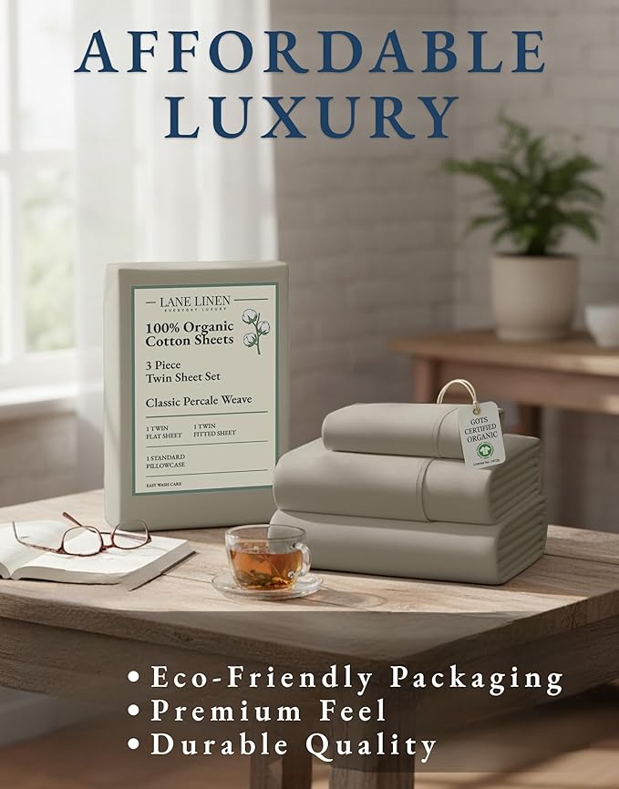 LANE LINEN 100% Organic Cotton Sheets Twin Size, Soft & Comfy Mercerized Fully Elasticized Naturally Temperature Regulating Sustainably Produced Luxury Hotel Quality Cotton Twin Sheet Set- Silver