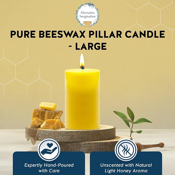 100% Pure Beeswax Candle – Long Lasting Burn – Non-Toxic & Hypoallergenic – Natural Honey Aroma – Handcrafted – Sustainably Sourced – Alternative Imagination – 3x6 Inch – Natural Yellow