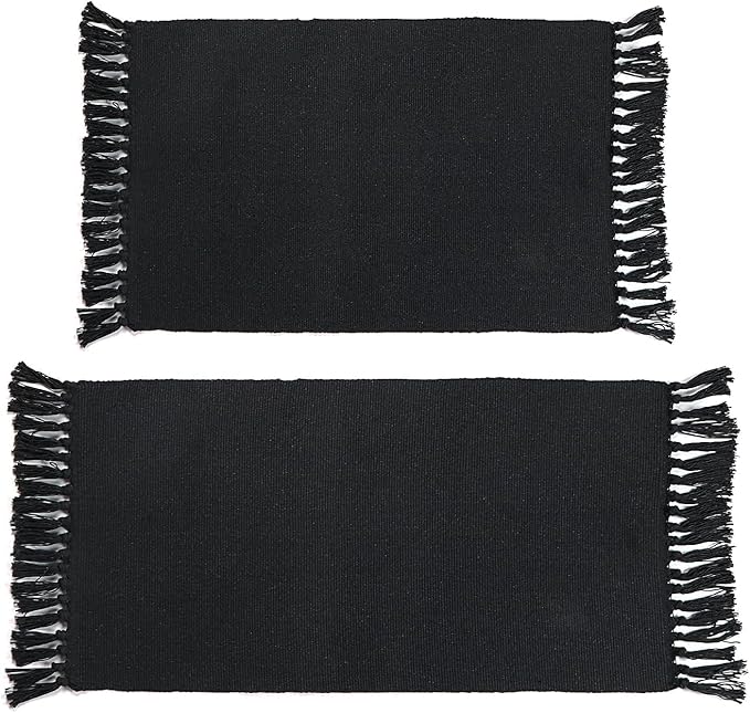Seavish Black Kitchen Rug Set, 2x3+2x4.3 Boho Cotton Woven Area Rug, Washable Throw Rug Set, Farmhouse Floor Mat for Laundry Room Bedroom Bathroom Restroom Doorway Patio Porch