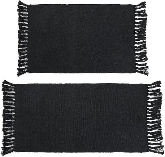 Seavish Black Kitchen Rug Set, 2x3+2x4.3 Boho Cotton Woven Area Rug, Washable Throw Rug Set, Farmhouse Floor Mat for Laundry Room Bedroom Bathroom Restroom Doorway Patio Porch