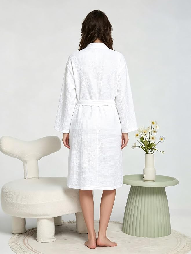 Waffle Robes for Women Knit Cotton Soft Spa Bathrobe | Lightweight Loungewear, Knee Length with Pockets, V Neck, Kimono, Absorbent, Breathable, Removable Belt