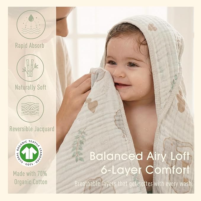 Ultra-Soft Muslin Baby Hooded Towel - 32 x 32 Inches, Ideal for Bath & Beach, Suitable for Both Boys & Girls from Newborns to Toddlers