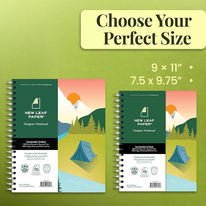 Small Spiral Bound Recycled Notebook, Camping Design, 9.75" x 7.5", 70 Sheets, Double-Wire, College Ruled, Vegan, Made in USA