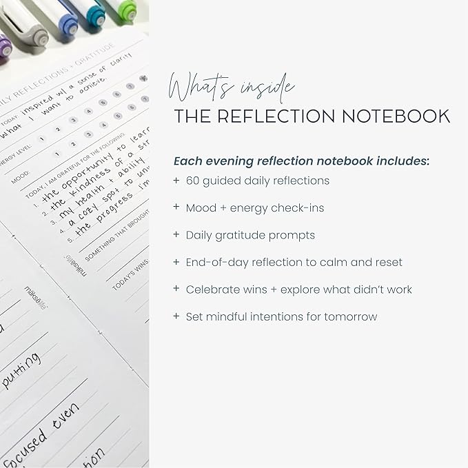 MäksēLife Evening Reflections & Gratitude Journal - Daily Mindfulness & Self-Care Notebook, A5 Lay-Flat Binding, Vegan Leatherette Cover, Bedtime Companion for Positive Intentions