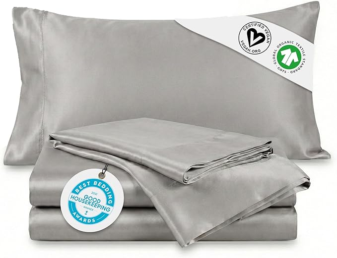 Delilah Home 100% Organic Cotton Full Bed Sheet Set, GOTS & Vegan.org Verified, Long Stem 300 TC Sateen Bedding, Non-Synthetic, Deep Pocket Fitted Linen, Lightweight, All-Season, 3 Piece Set - Grey
