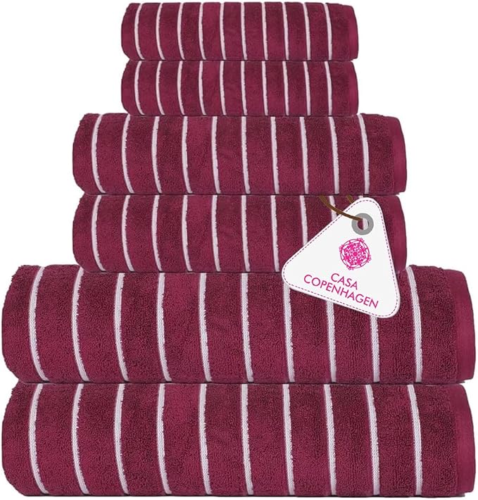CASA COPENHAGEN Ecstatic 6Pcs 100% Egyptian Cotton Large Designer Towels Gift Set- Burgundy, 600GSM, 2Bath 2Hand 2Washcloths, Bath Towels for Bathroom Set for Women & Men