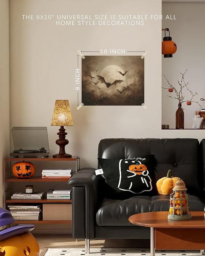 Vodefoad Vintage Halloween Bat Print, Retro Full Moon Gothic Wall Art, Bats Flying in the Dark Night Sky, Eerie Elegance and Classic halloween Mystery,Moody Night Halloweens Wall Decor for Living Room, Bedroom, Bathroom, Holiday Gift - 8x10 Inch Unframed