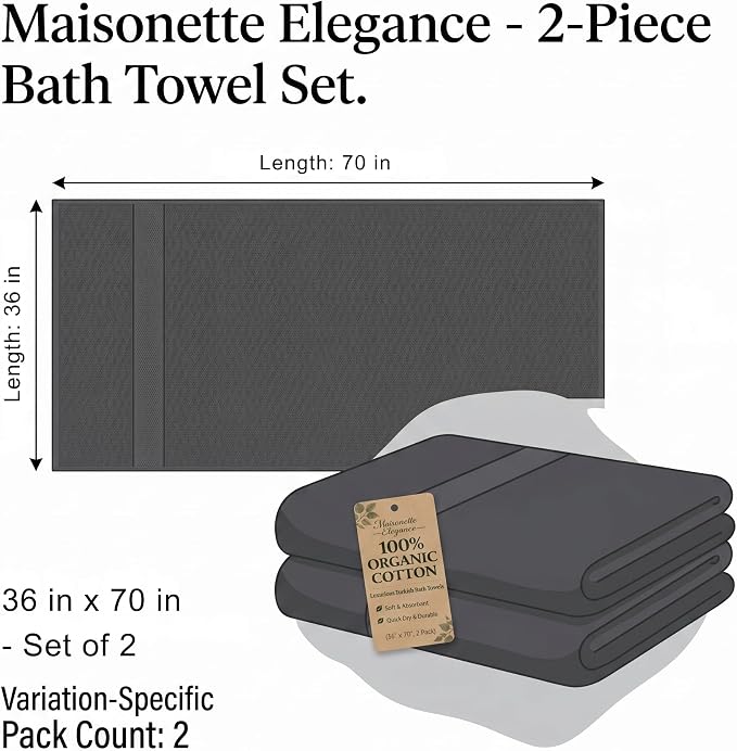 Maisonette Elegance 100% Organic Cotton Turkish Bath Towels, Soft & Absorbent, Ideal Quick Dry Large Luxury Bathroom Towel Set for Shower (30" x 58", 2 Pack) - Dark Grey (Stone)