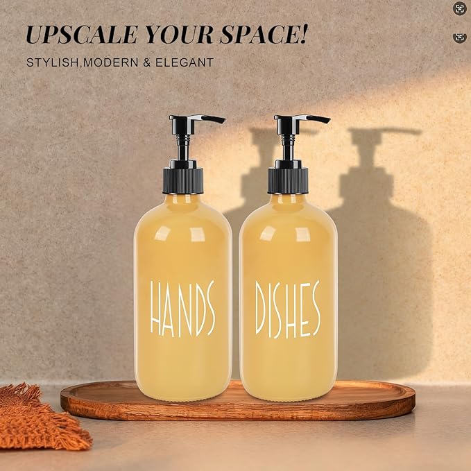 Glass Soap Dispenser with Plastic Pump for Kitchen - 16 OZ Glass Hand Soap Dispenser Set - Kitchen Bathroom Decor and Accessories (Yellow)