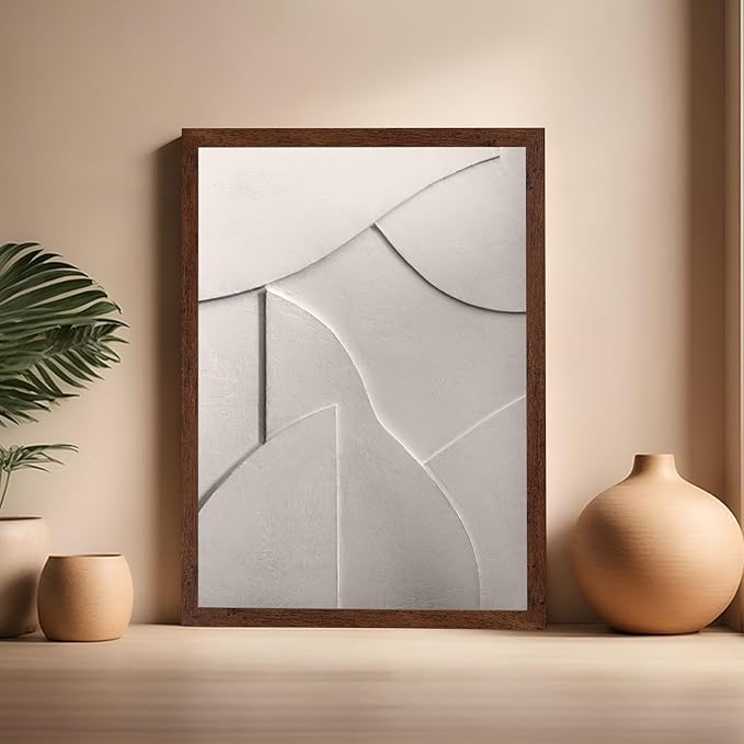 Monem Art Minimalist White Geometric Texture Print - Abstract Scandinavian Wall Art Poster - Wall Decor for Living Room, Bedroom or Office - 16x20 Brown Framed Wall Art by Mareike Bohmer