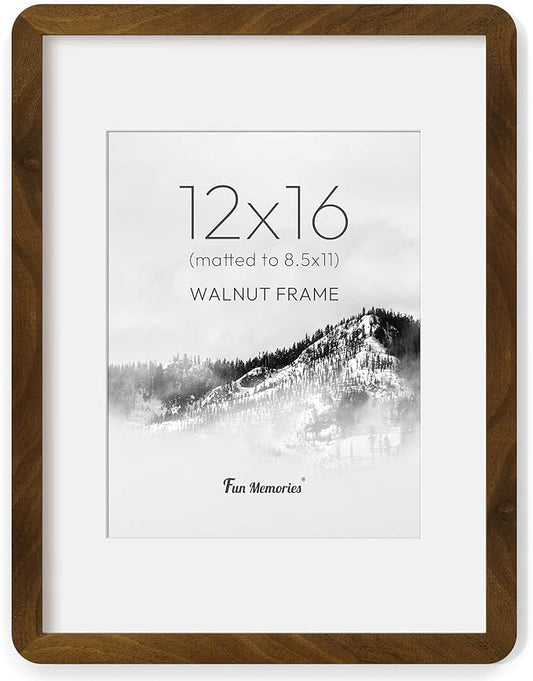 Fun Memories 12x16 Picture Frame - Solid Walnut Wood 12x16 Poster Frame with Real Glass, 12 By 16 Picture Frame with Mat for 8.5x11, Horizontal or Vertical Wall Display, Natural Walnut