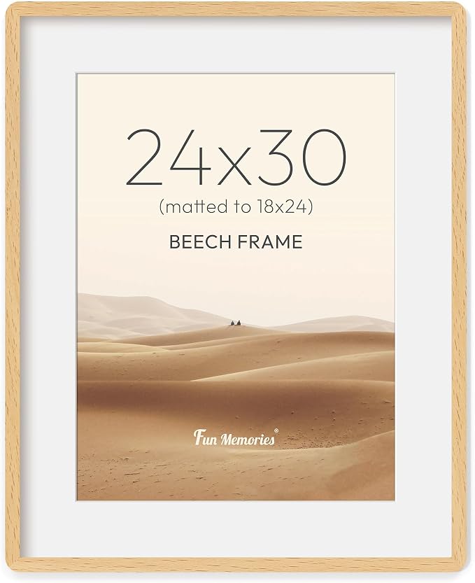 Fun Memories 24x30 Poster Frame with Mat for 18x24 - Solid Beech Wood Photo Frame, Rounded Corner 24 x 30 Wooden Frame Matted to 18x24 Photo, 24 By 30 Wood Frame with Tempered Glass, Natural Beech
