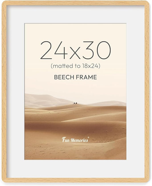 Fun Memories 24x30 Poster Frame with Mat for 18x24 - Solid Beech Wood Photo Frame, Rounded Corner 24 x 30 Wooden Frame Matted to 18x24 Photo, 24 By 30 Wood Frame with Tempered Glass, Natural Beech