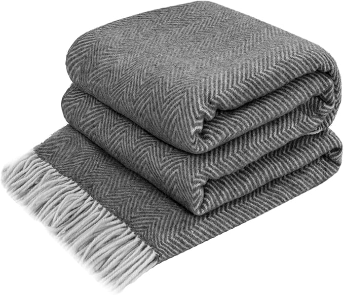 LYHome Merino Wool Blanket - Warm Throw for Cold Weather, Warmest Travel Outdoor Camping Blankets, Picnic Army and Military Throws, Comforter Soft & Cozy (55" x 79" Dark Grey with White Chevron)