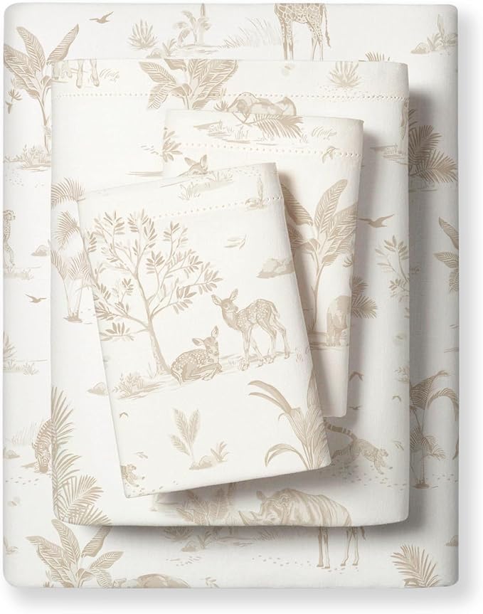 MakeMake Organics Organic Sheet Set Queen (4 Piece) GOTS Certified Organic Cotton Sheets 300 TC Sateen Soft Fitted Sheet Flat Sheet Pillow Cases Toddler Kids (Queen, Safari)