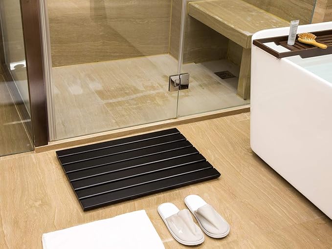 GOBAM Bamboo Bath Mat, Extra Large, 31.50 x 18.35 x 1.3 inches - Non-Slip Floor Mat for Bathroom, Spa, Sauna, Kitchen, Indoor & Outdoor Spaces, Shower Mat for Bathroom Decor - Black