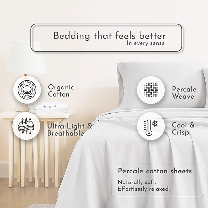Linen Closet 100% Organic Cotton Full Size Sheets Set, 4 Pcs, Light Grey - Percale Bed Sheets & Pillowcases Set - Up To 16" Deep Pocket Fitted Sheet - Cooling, Crisp & Breathable - For Hot Sleepers