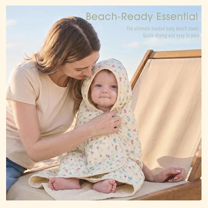 Muslin Baby Hooded Towel, Wildflower Floral, 32"x32" | 70% Organic Cotton & 30% Viscose from Bamboo, 6-Layer Fabric, Soft for Bath & Beach, Eco Kraft Gift Box