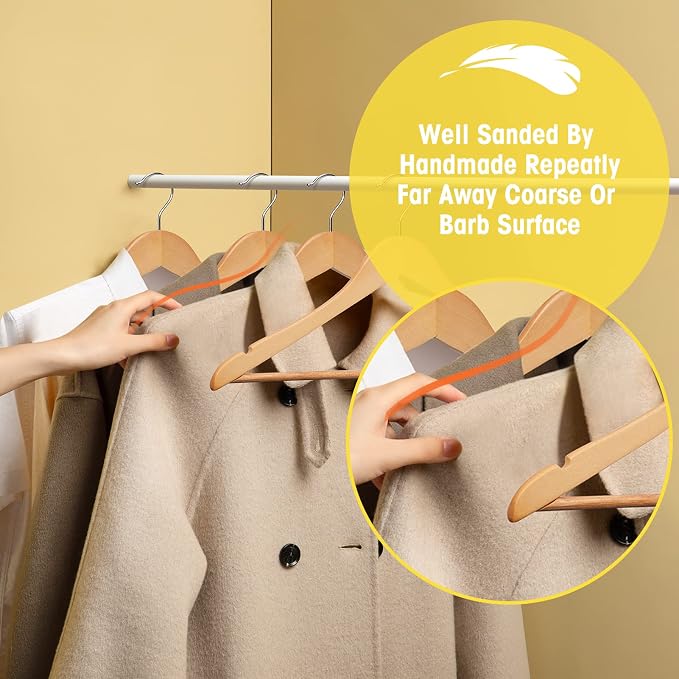 Wooden Hangers 90 Pack,Wooden Clothes Hanger for Daily Used,Heavy Duty Wood Hangers with Pant Bar & Precisely Cut Notches,Premium Hanger for Heavy Coats,Shirts,Suits,Dresses (Natural)