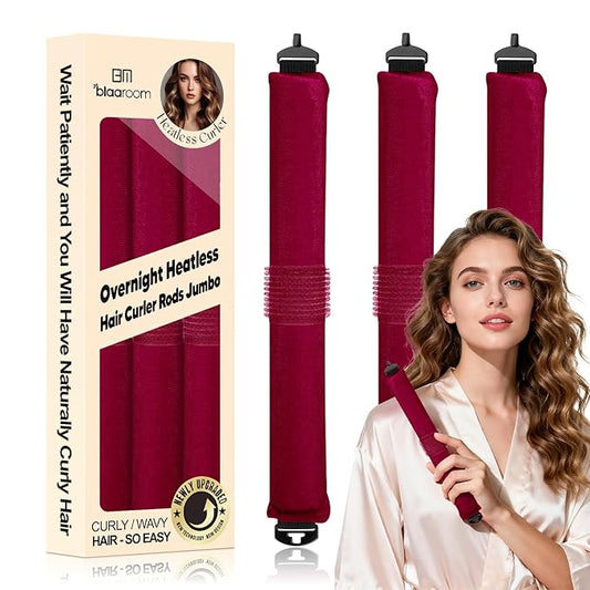 BLAAROOM Overnight Heatless Hair Curler, Upgraded with Hair Pad Grippers Satin Jumbo Flexi Blowout Curls Rods, 3pcs No-Heat Styling Tools Curling Rod to Sleep in for All Hair Types - Wine Red