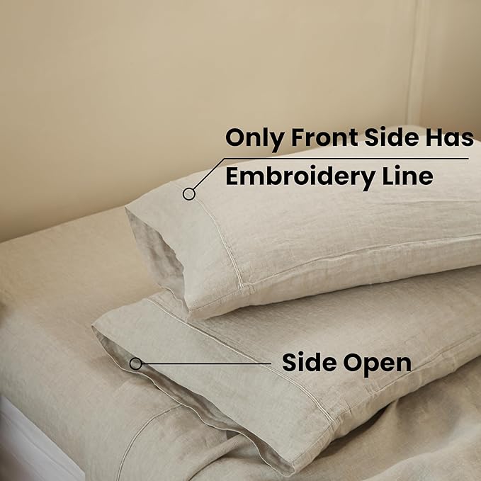 100% French Linen Pillowcases with Embroidery - Pack of 2 - Washed Solid Color Natural Flax Soft Breathable - Linen, 20'' x 30''