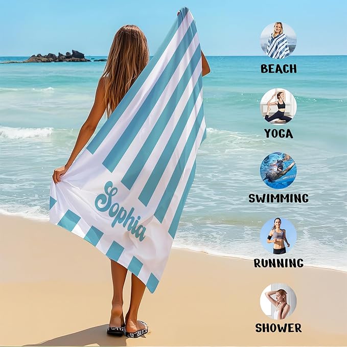 JML Personalized Beach Towel with Name, Custom Cabana Stripe Beach Towel, Customized Microfiber Pool Towel, Quick Dry & Absorbent Swim Towel for Adult,Anniversary, Birthday, Summer Holiday,Vacation