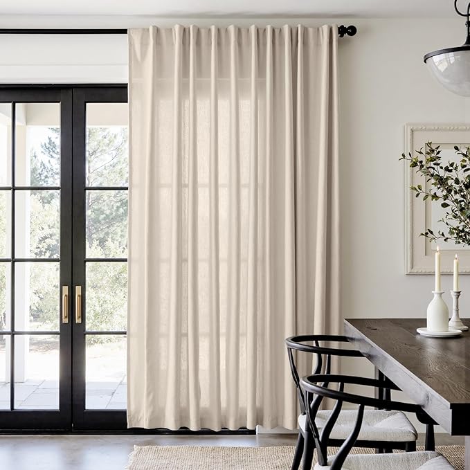 jinchan Extra Wide Sliding Door Curtain 84 Inch Length Oatmeal Linen Curtains Semi Sheer Drapes for Patio Door Living Room Bedroom Home Office Light Filtering Drapes 100 Inches Wide 1 Panel