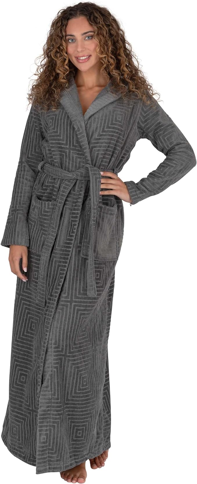 Be Relax Bathrobe for Women - Full Length Terry Cotton Robe with Shawl Collar and Hood, Warm and Cozy Robe with Belt & Pocket