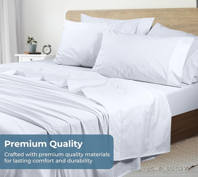 ROYALE LINENS 100% Organic Cotton King Sheet Set - Percale Weave - 4 Pieces Set - 1 Flat, 1 Deep Pocket Fitted Sheet and 2 Pillowcases - White Bed Sheets - Sábanas King - Crisp Cool (White)