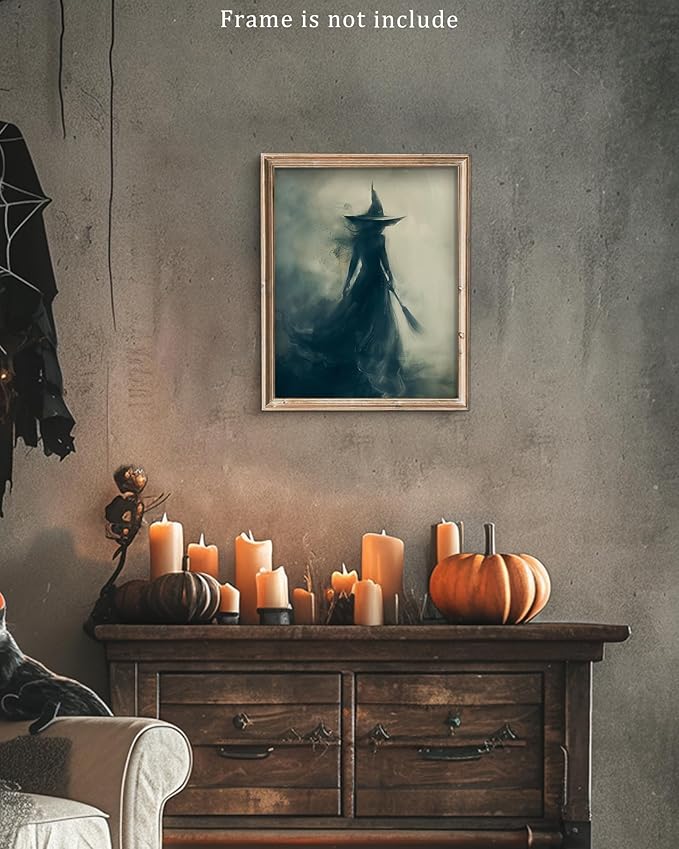 Vodefoad Vintage Witch Wall Art Halloween Decor, Retro Gothic Witch Print, Spooky Witch in Dark Forest Canvas Prints for Wall Decor, Vintage Moody Halloween Wall Art | Witchy Cottage Fall Halloween Decor for Gallery, Living Room, Bathroom, Bedroom,Holi...