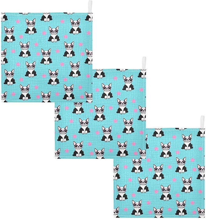 Baby Funny French Bulldog Muslin Washcloths 3 Pack - Muslin Burp Cloths Hanky Large 11.8"X11.8" Extra Soft Absorbent Baby Burp Rags for Newborn 100% Cotton for Boys Girls Gift