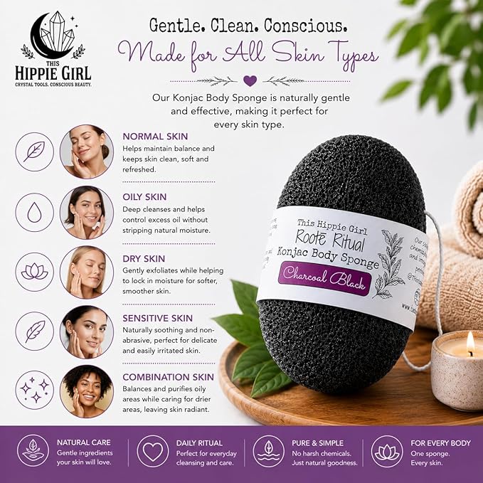 Roote Ritual Konjac Body Sponge – 100% Natural Exfoliating Shower Sponge for Sensitive Skin – Gently Deep Cleanses & Softens, Earth-Friendly, Biodegradable, Vegan – for Women, Men (Charcoal Black)