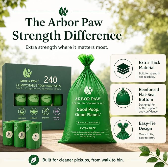 Arbor Paw Compostable Dog Waste Bags, BPI Certified ASTM D6400, Extra Thick 20 Micron, Lavender Scented, 240 Bags (16 Rolls × 15)