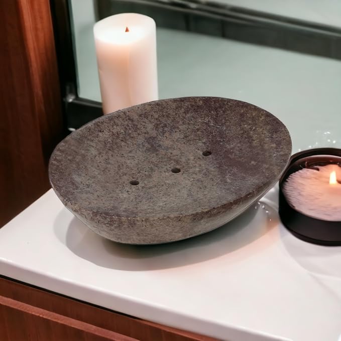 Ajuny Self Draining Soap Dish with Drain Durable Waterfall Stone Soap Tray Holder Soap Saver for Shower, Bathroom, Kitchen, Bathtub Easy Clean - Brown