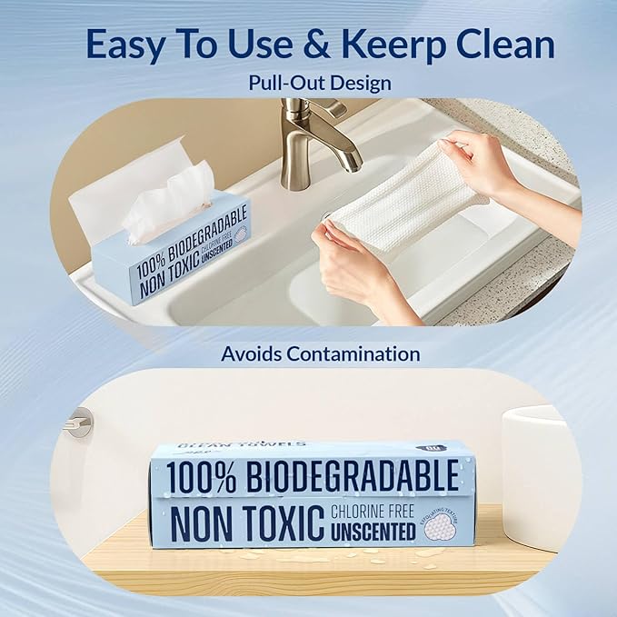 XL Disposable Face Towels, Ultra Soft Makeup Remover Dry Wipes, 100% Biodegradable, Non-Toxic, Facial Towelettes for Washing Face, Thick Towelettes for Sensitive Skin, Unscented, 60 Count