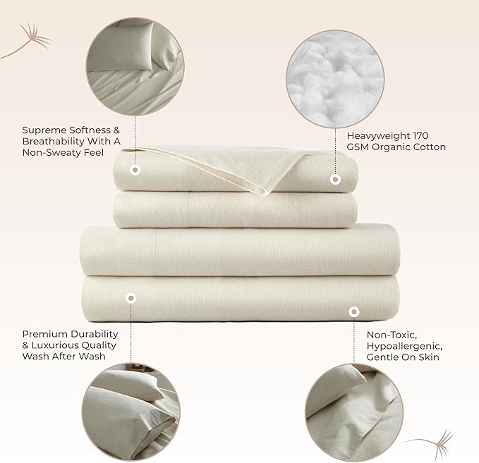 100% Organic Flannel Sheets King Size - GOTS Certified 100% Cotton Flannel Sheets Set with Comfortable Soft Brushed Finish & Deep Pocket - 1 Flat 1 Fitted & 2 Pillowcases (Natural, King)