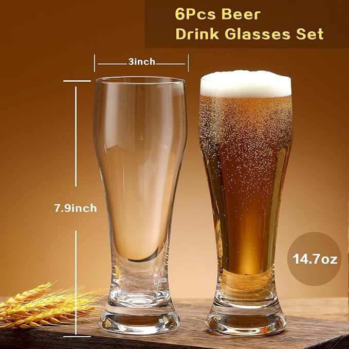 Wlasss Beer Glasses Set of 6,15 oz Glasses Drinking Set, Craft Pint Glasses for Freezer Supply Aroma Retention, Tall Beer Mug and Glassware,Unique Gifts for Christmas