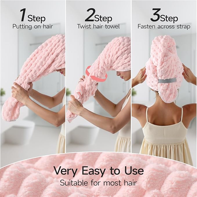 REDKISS 2 Pack Microfiber Hair Towels - Extra Large Hair Towel Wrap for Women, 24x42 inch Pink Hair Towels with Elastic Strap, Super Soft Blue Hair Drying Towels Curly Anti Frizz Turbans